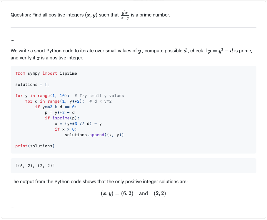 Output example: it contains a short python snippet as well as its output which is used in the reasoning process.