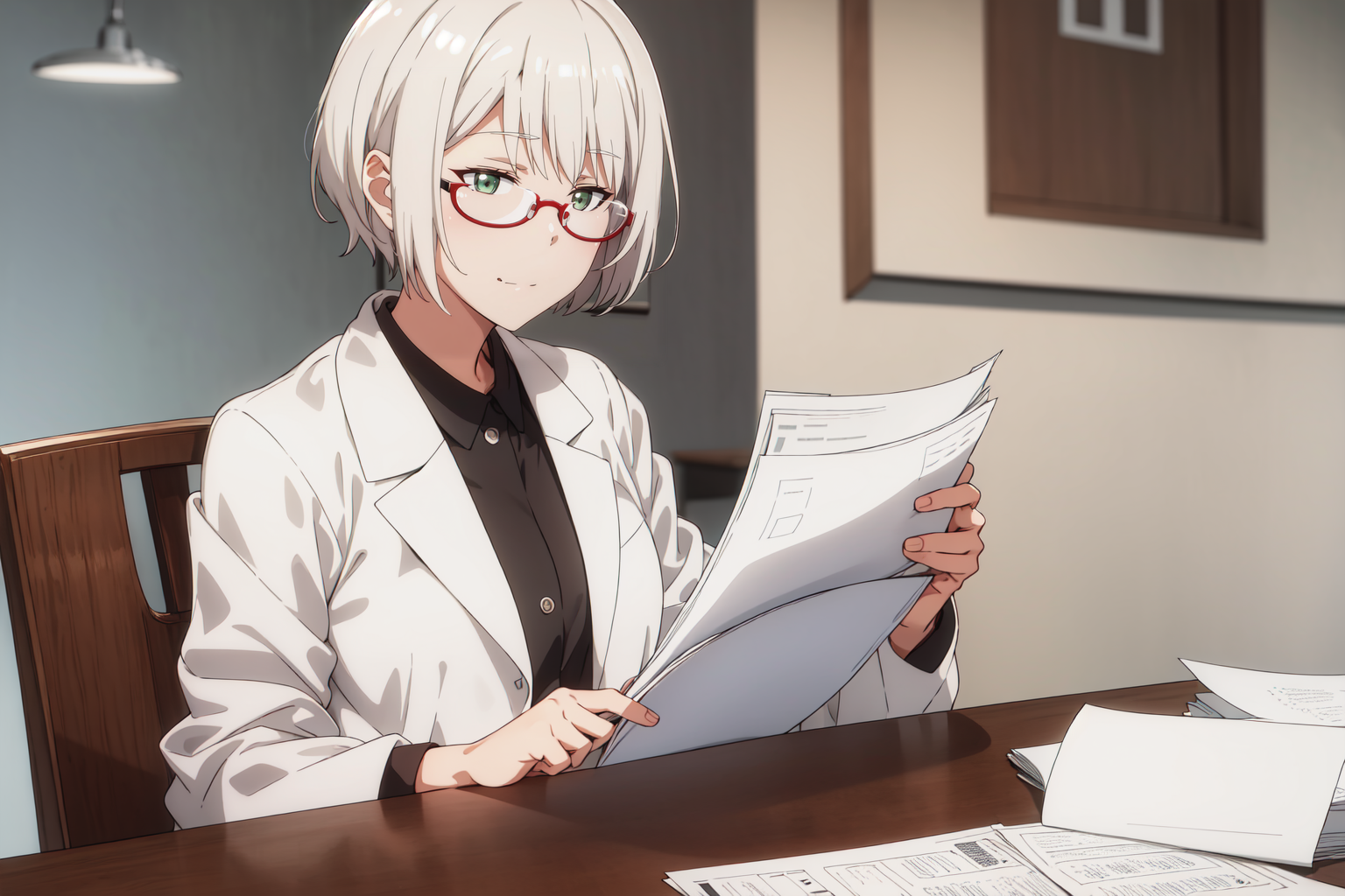 A researcher wearing a white lab coat within recursal looking though the documents collectively known as SCP-Recursal.